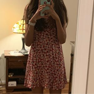 Small red women’s summer dress with little blue flowers